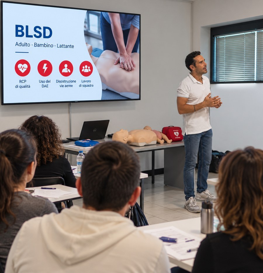 Docente durante una lezione di formazione sanitaria con manichini didattici