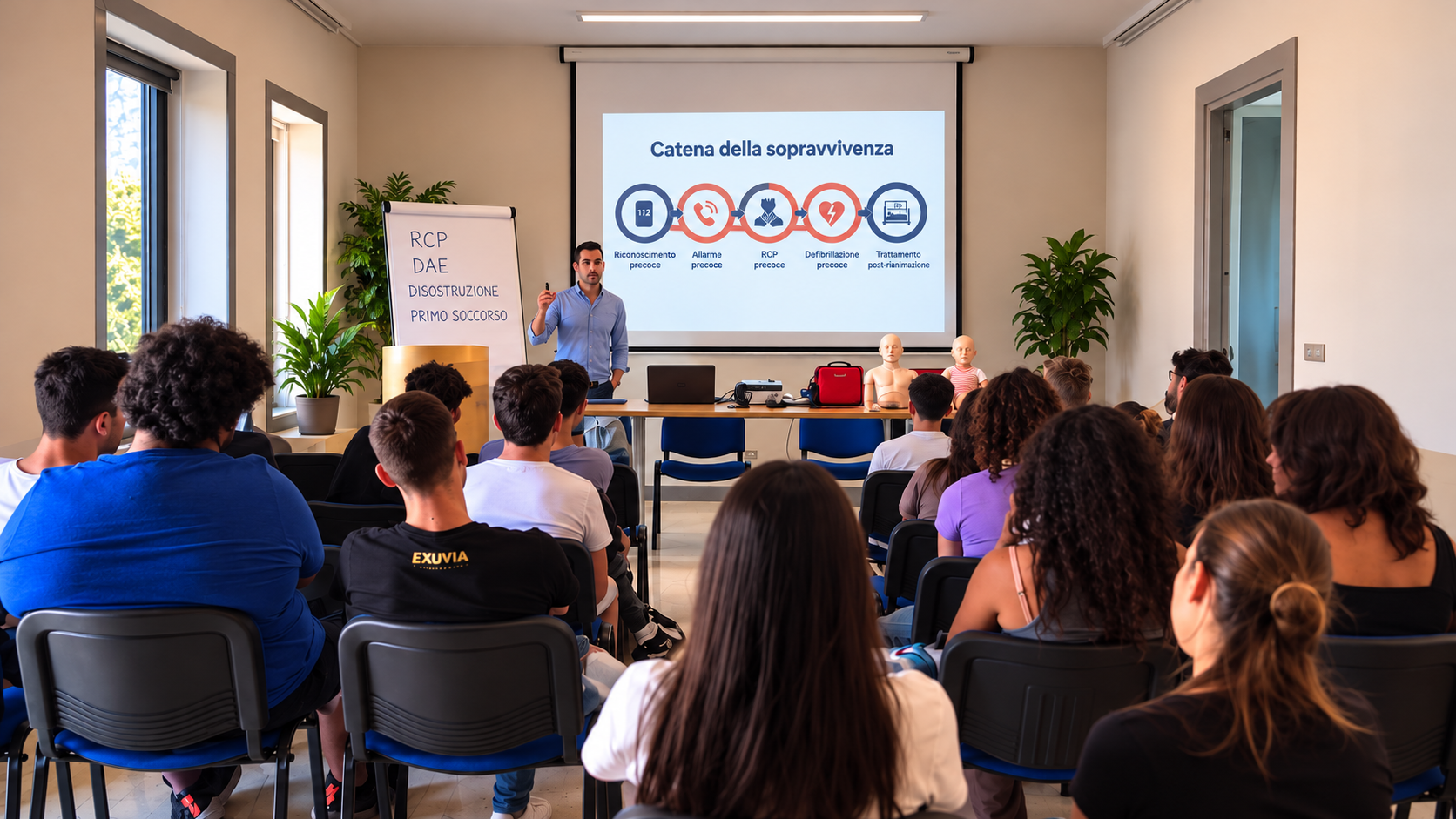 Formazione sanitaria pratica in aula con istruttore, partecipanti e manichini didattici