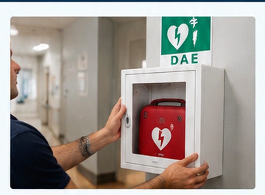 Defibrillatore DAE installato in una teca a parete