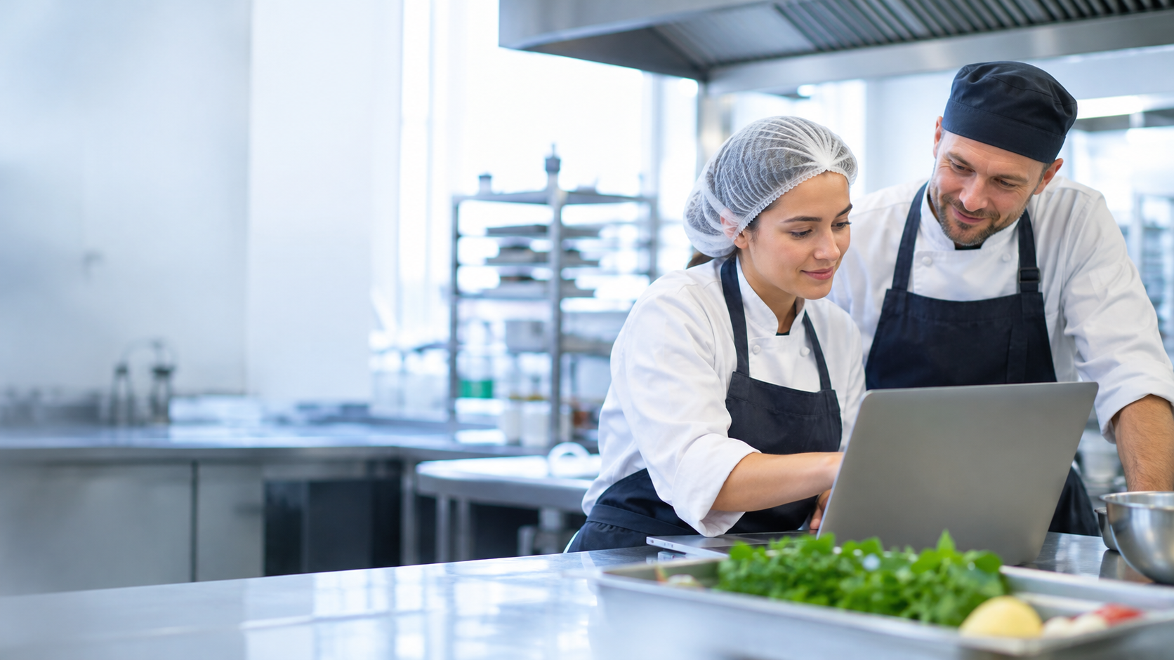 Operatori in una cucina professionale durante una formazione online HACCP