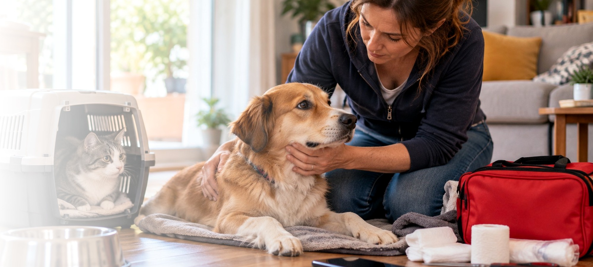 Cane e gatto con kit di primo soccorso veterinario
