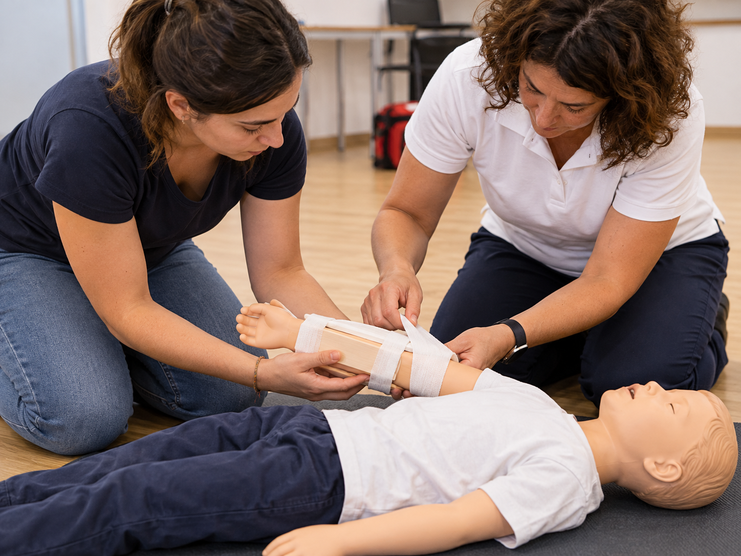 Esercitazione pratica di primo soccorso pediatrico su trauma e immobilizzazione di un arto