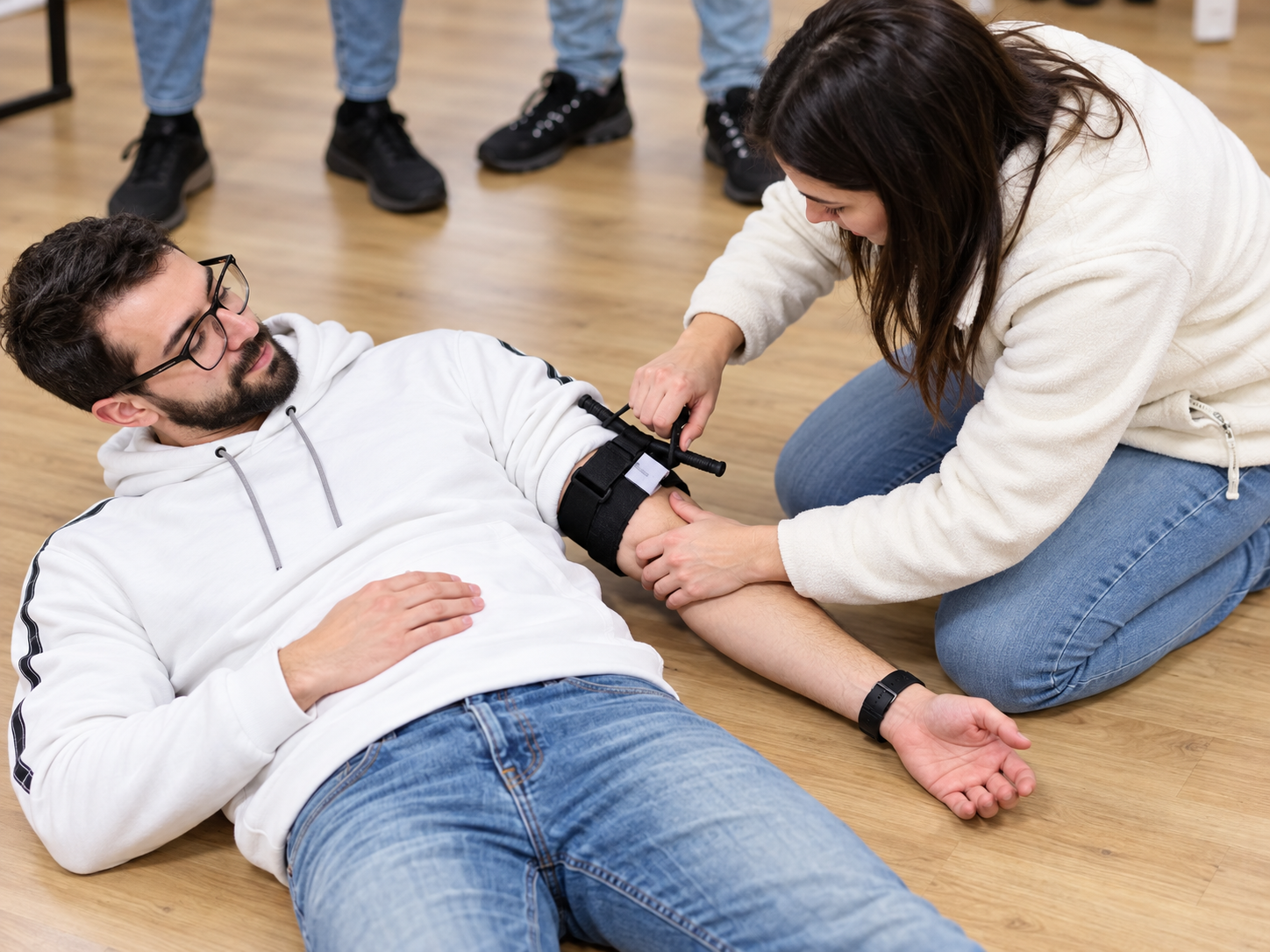 Applicazione pratica di un tourniquet durante un corso di Primo Soccorso