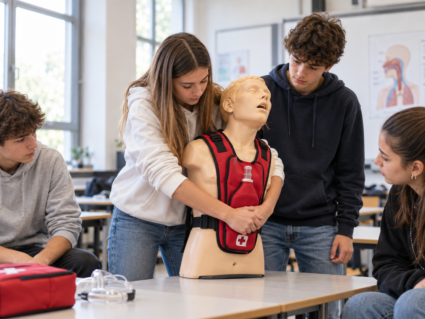 Studenti durante un'esercitazione pratica di disostruzione con dispositivo didattico