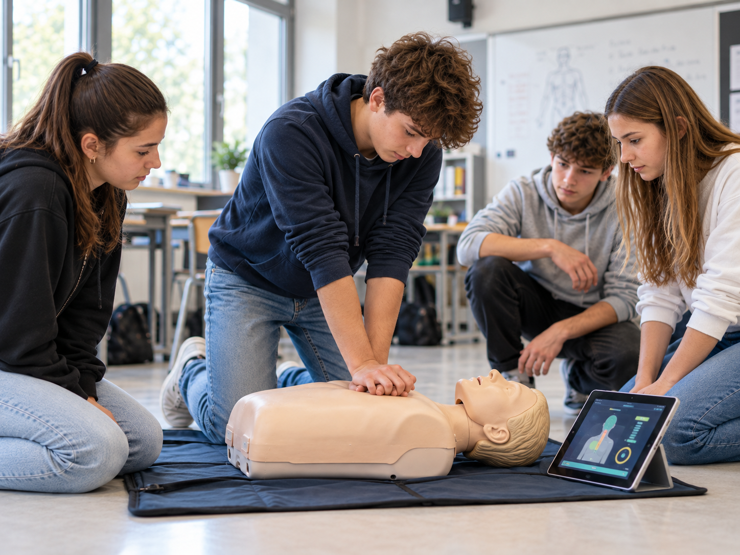 Studenti durante un'esercitazione pratica di rianimazione cardiopolmonare
