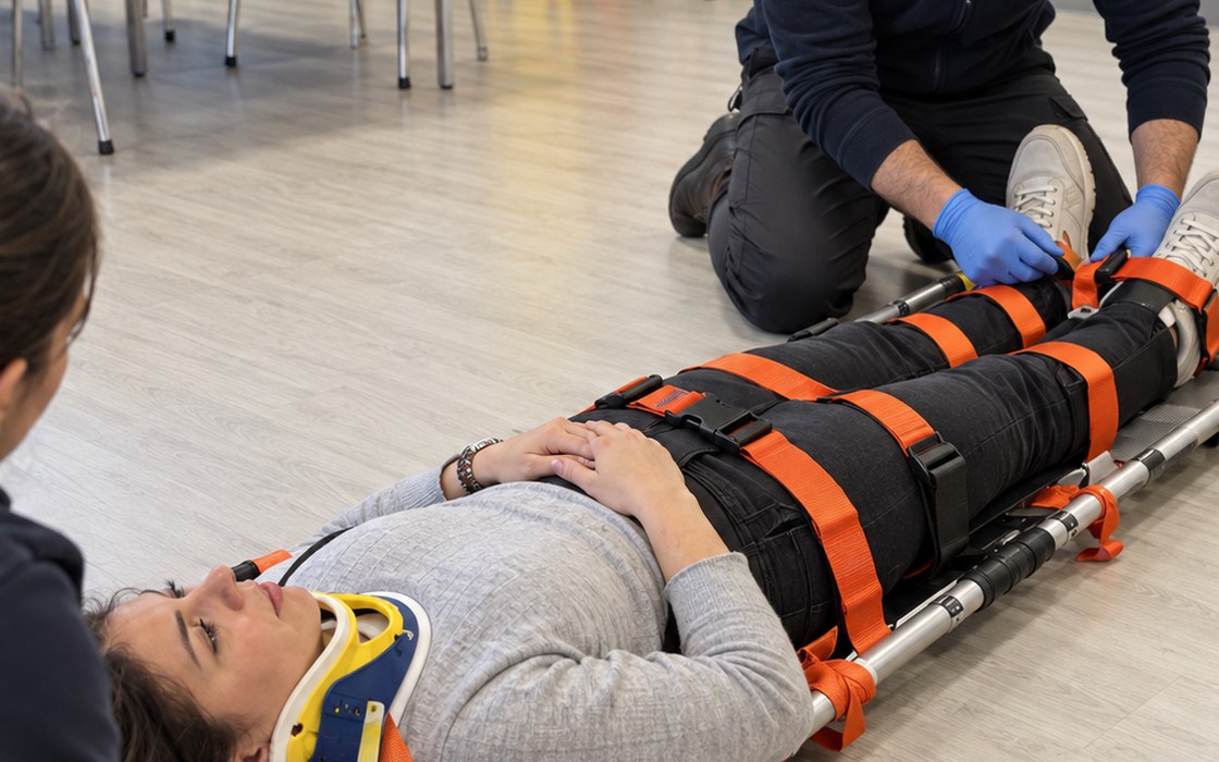 Esercitazione pratica con barella spinale durante un corso trauma
