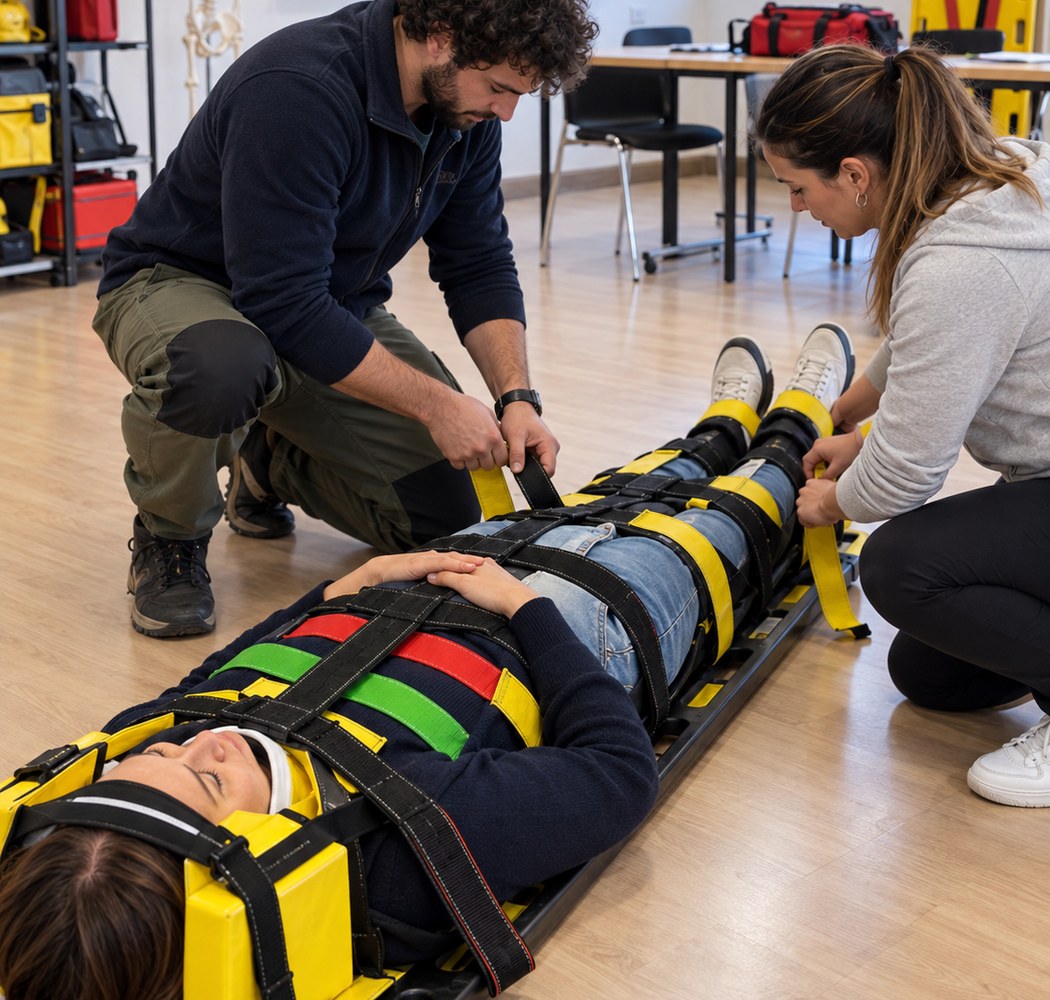 Esercitazione pratica di immobilizzazione su tavola spinale durante un corso trauma in presenza